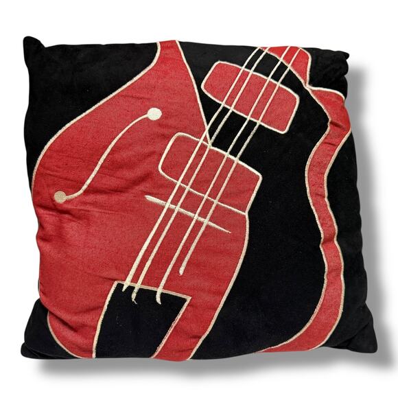 Red Black Guitar Design Applique Microfiber Throw Pillow About 15" Square - Picture 1 of 3